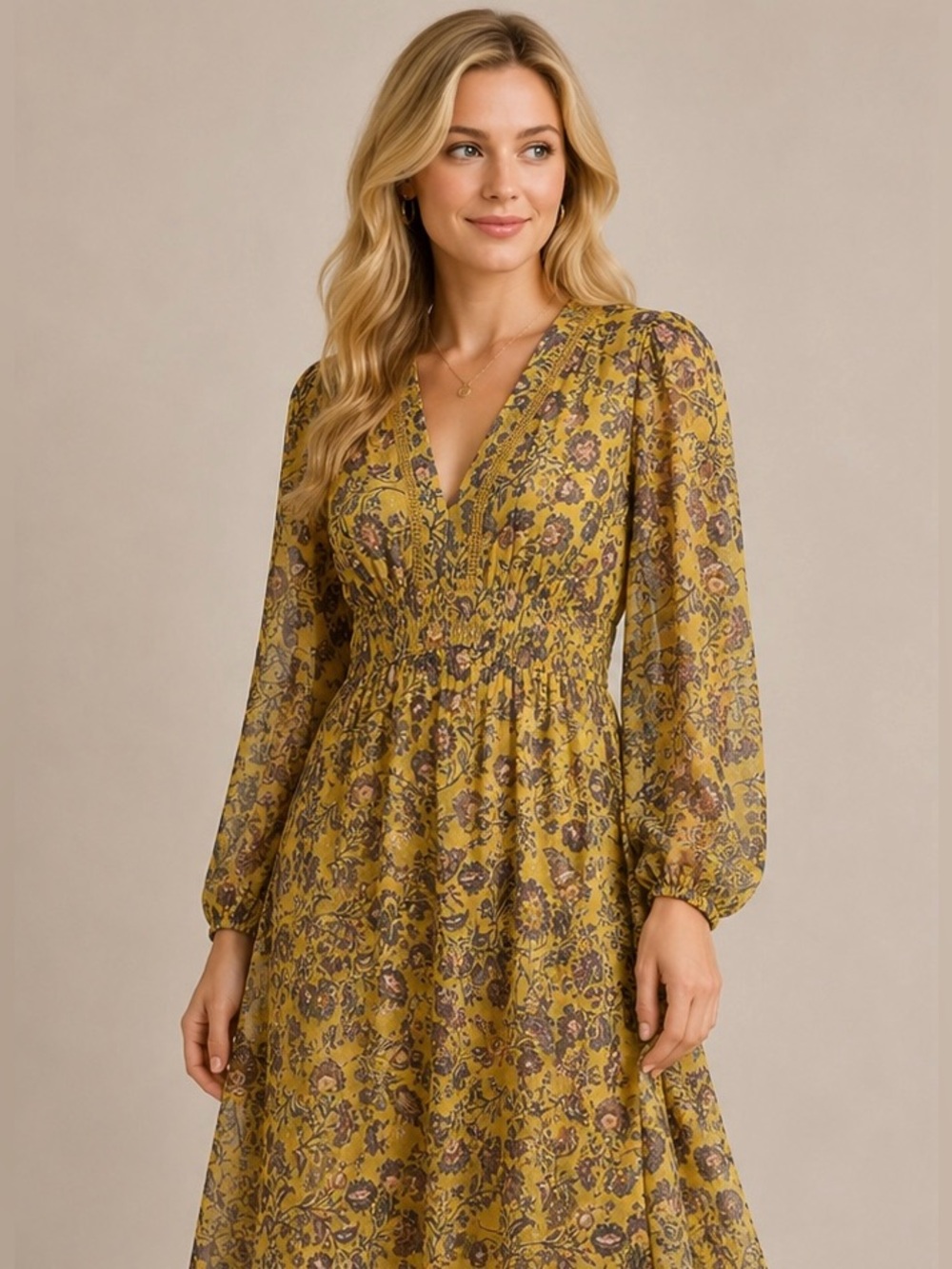 Jessica Simpson Mustard Floral Long Sleeve V-Neck Maxi Dress
